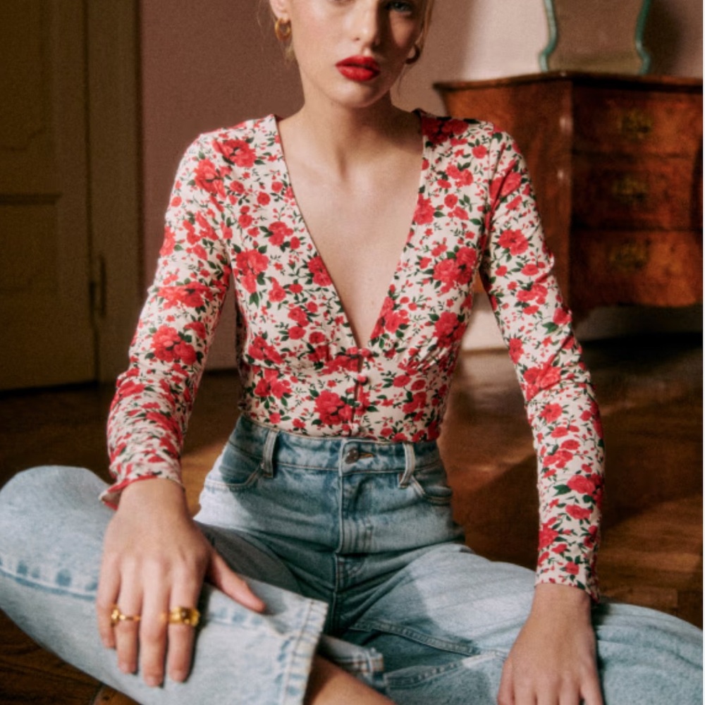 Sezane Lydia Rose Cream V Neck S